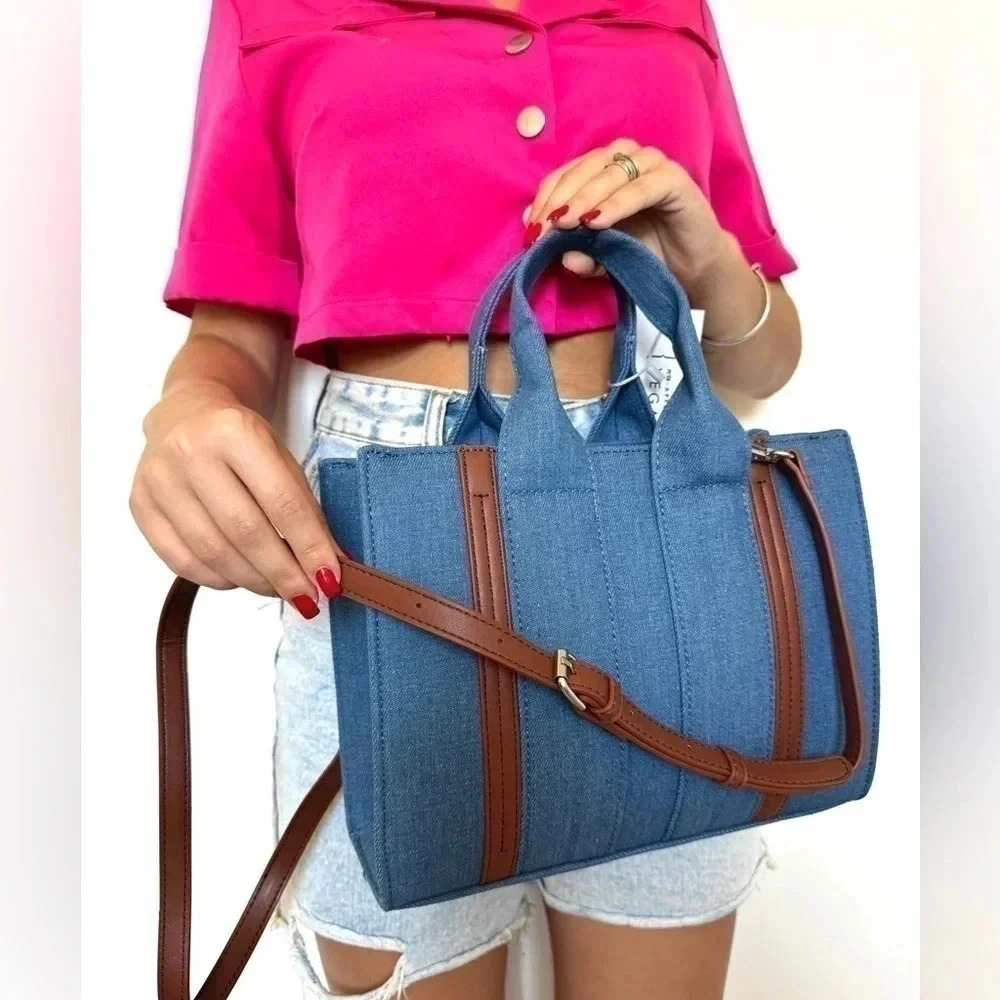 New MKF Denim Crossbody Satchel Tote Bag Blue Brown Casual Everyday